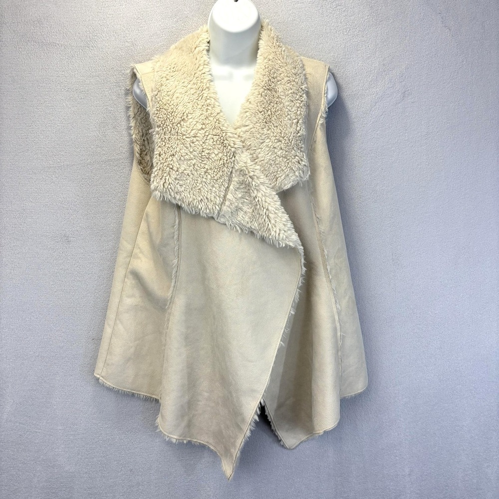 Knox Rose Faux Shearling Vest Womens Large Cream White Open Front Waterfall Cozy